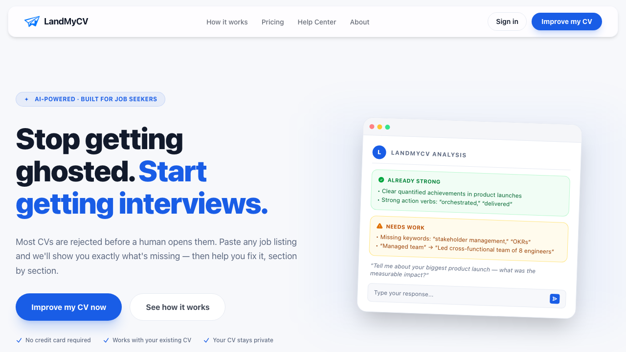 LandMyCV landing page, screenshot of 2026-10-14: headline Stop getting ghosted. Start getting interviews.
