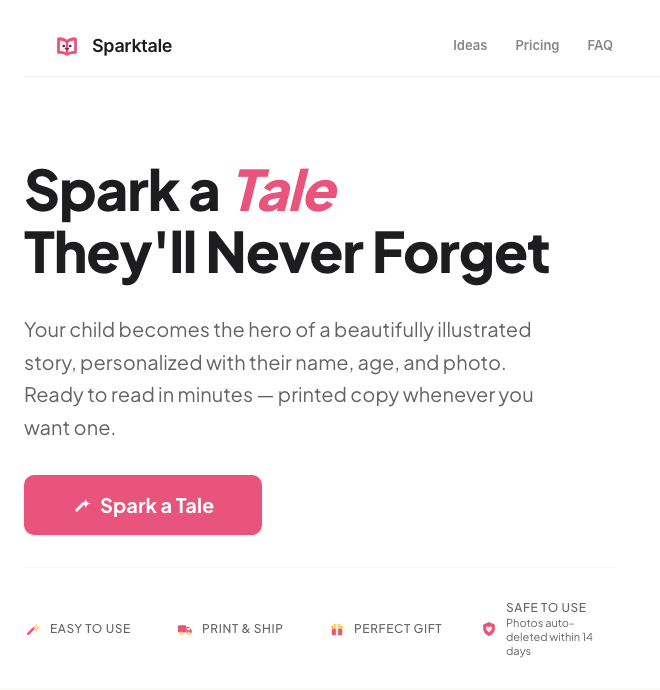 Top of the Sparktale landing page, screenshot of 2026-10-14